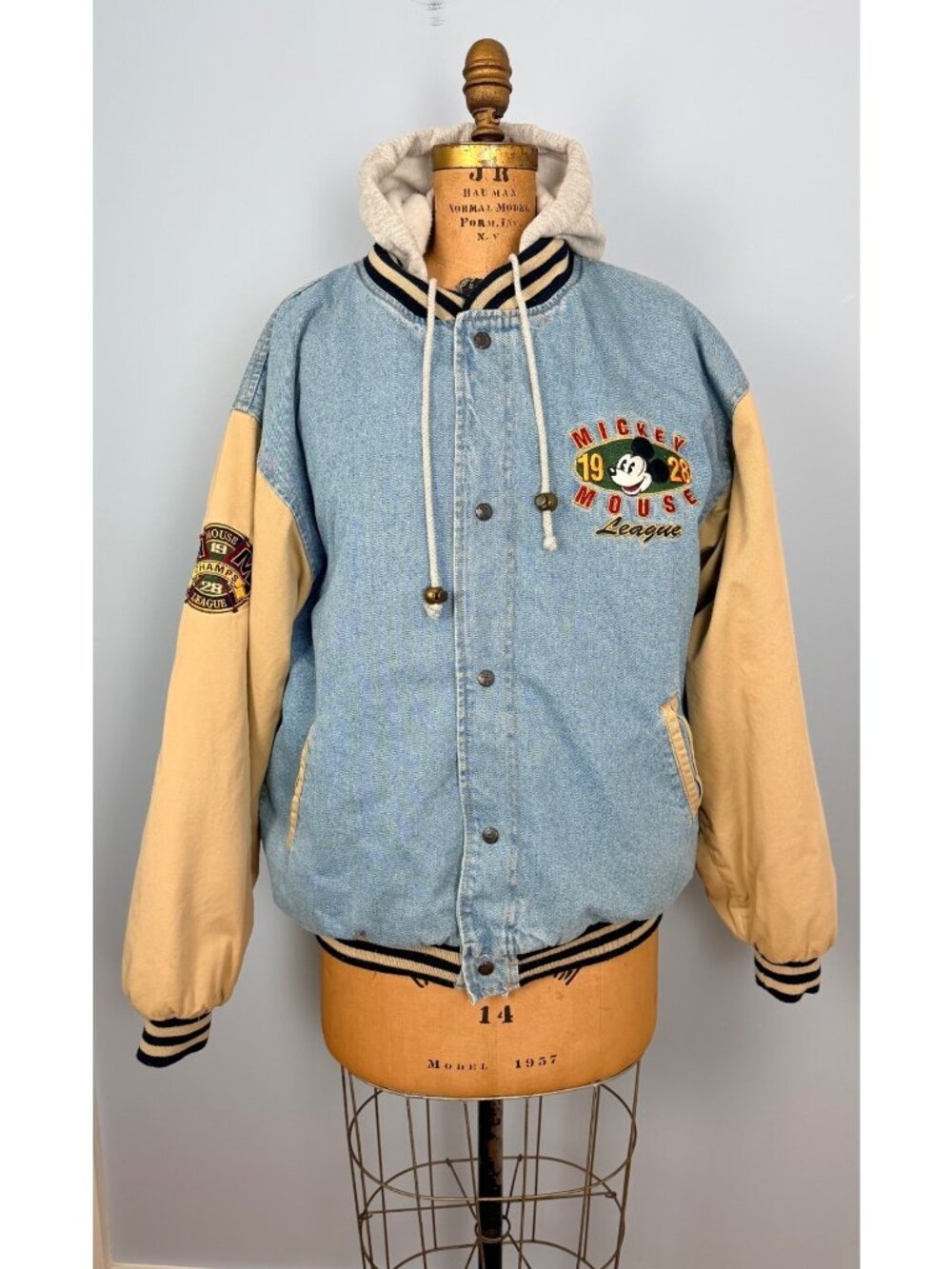 Vintage Disney Store Mickey Mouse Embroidered Varsity Jacket XXL Detachable Hood